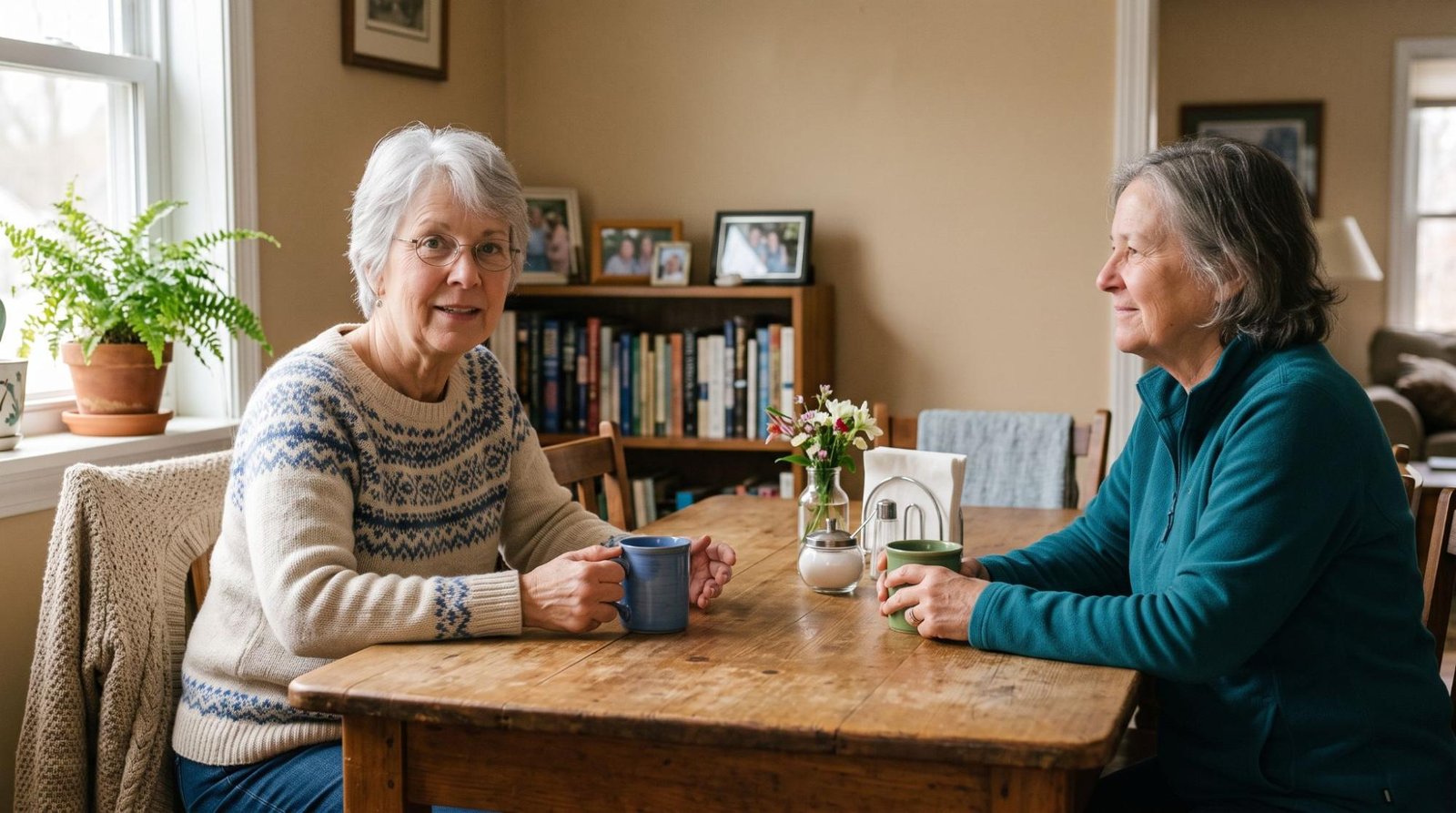 Two older friends sharing a conversation at home